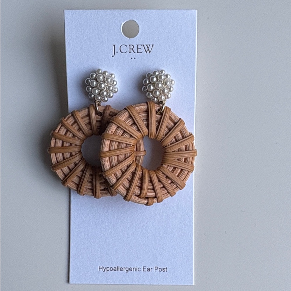 NWT J Crew Women's Pearl Woven Circle Statement Earrings Rattan Natural Tan